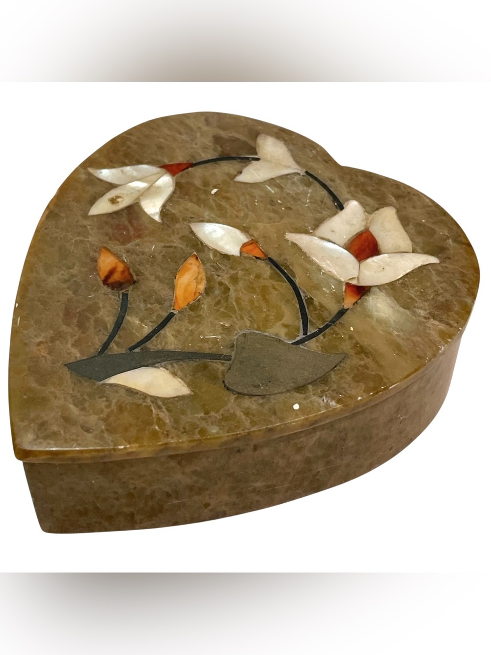 Vintage 1980s Heart Shaped Lidded Stone Trinket Box mFloral Inlay Hand Carved